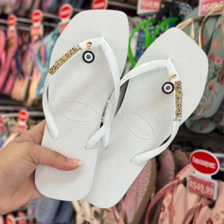 Chinelo Havaianas Slim Square (Branco) + Placa Dourado e Pingente Olho grego Azul