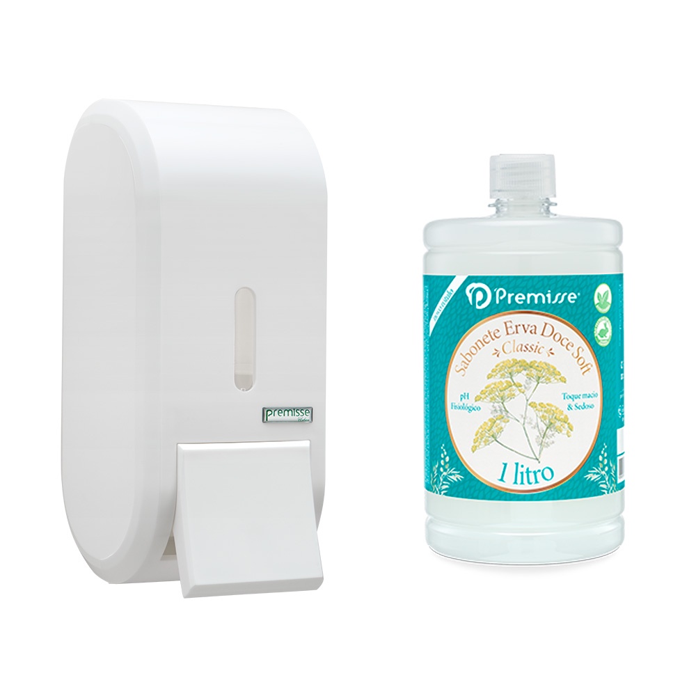 Kit 1 saboneteira dispenser sabão álcool em gel urban Premisse + 1 Litro sabonete líquido aroma erva doce banheiro lavabo hotel consultório