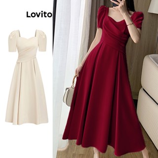 Lovito Casual Vestido Feminino Liso de Festa Cruzado Plissado L71ED176 (Damasco/Borgonha)