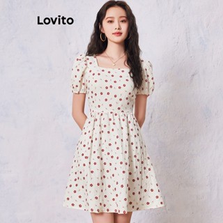 Lovito Casual Vestido Floral Ditsy com Decote Quadrado e Mangas Bufantes para Mulheres LNE20186 (Multicolorido)
