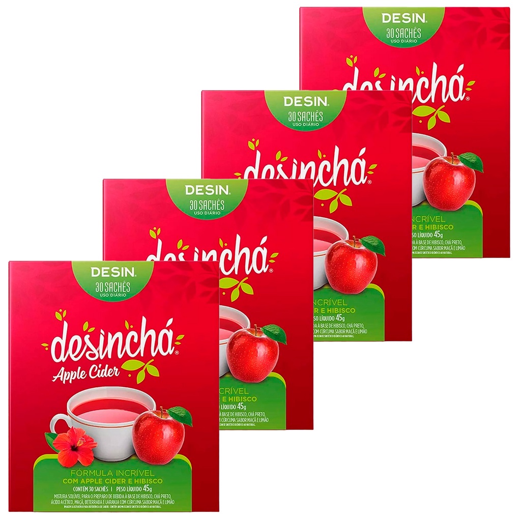 Kit 4 Caixas Desinchá Apple Cider Hibisco Original Suplemento Natural Ácido Acético Contém 30 Sachês