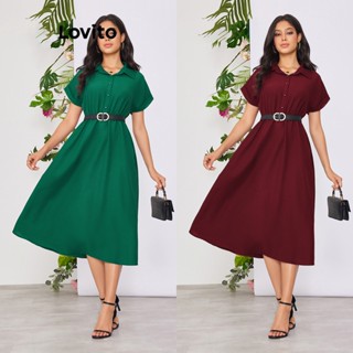 Lovito Vestido com Amarração de Botões e Manga Curta para Mulheres LBE02088 (Verde)