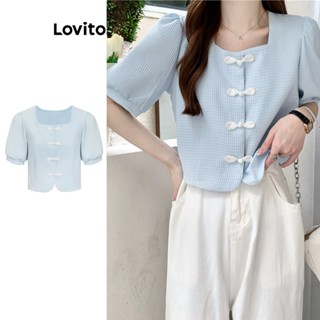 Lovito Blusa Casual De Malha Waffle Colorida Com Fivela Lisa Para Mulheres L77ED027