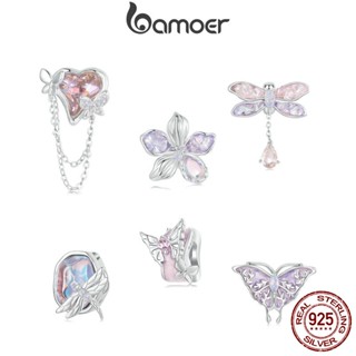 Bamoer 925 Sterling Sliver Charme De Fita Cor-De-Rosa Dançando Butterfly Dragonfly Pendant Série De Acessórios Para Pulseira