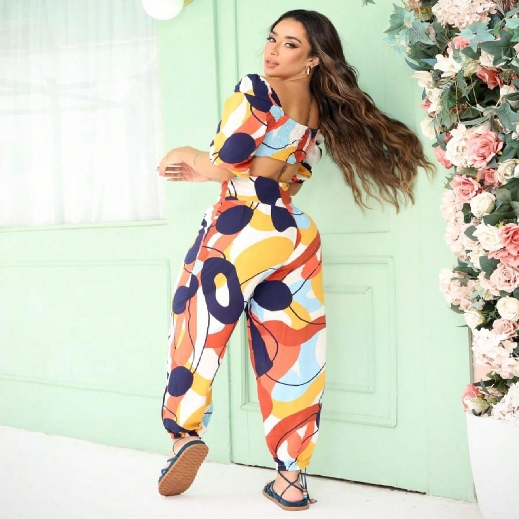 Conjunto Calça Saruel Balonê Cropped Estampado Inspiração Viscose Alto Verão