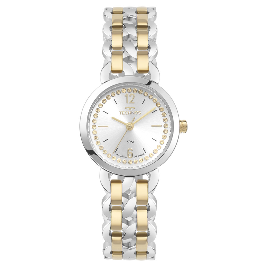 Relogio Technos feminino bicolor prata e dourado misto pequeno pulseira elos cravejado banhado folheado 2035MZO/1K