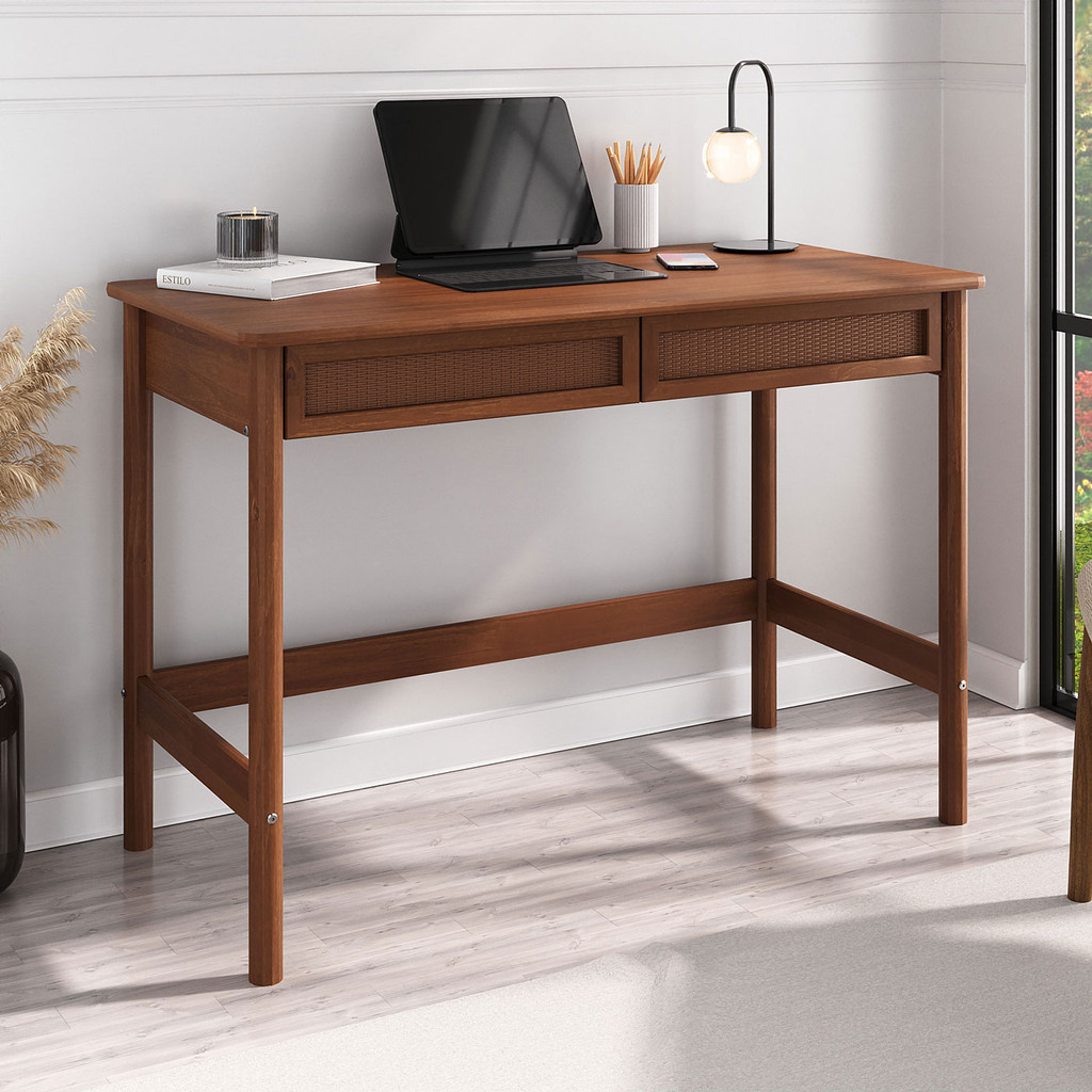 Escrivaninha Rattan Escandinavo Madeira 2 Gavetas Rodrigo Castanho Verniz em Oferta na Shopee