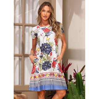 Vestido Com Bolsos Estampado Quintess em Oferta na Shopee