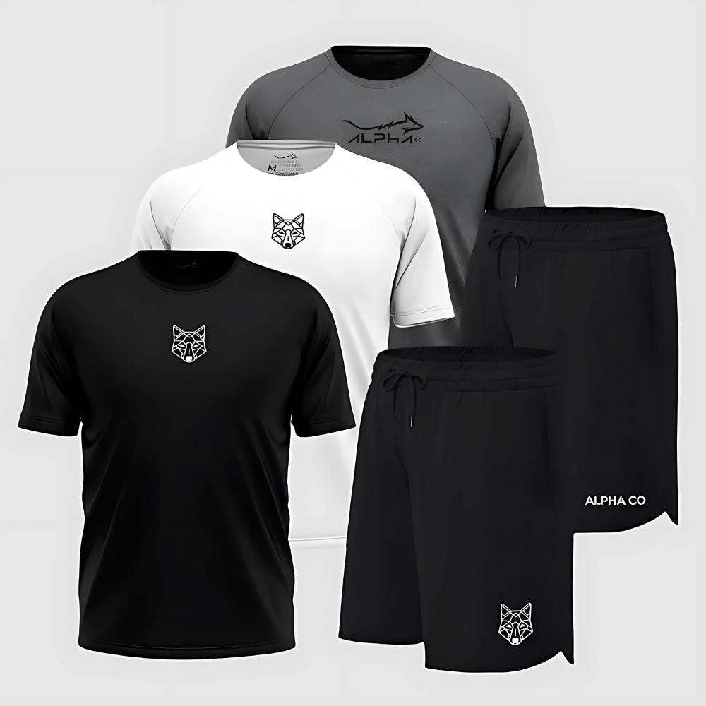 Kit 5 Peças Dry Fit 3 Camisetas e 2 Bermudas Alpha Co