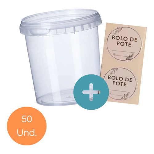 50 Pote Plástico Lacre 500ml + Adesivo Bolo no Pote Dourado