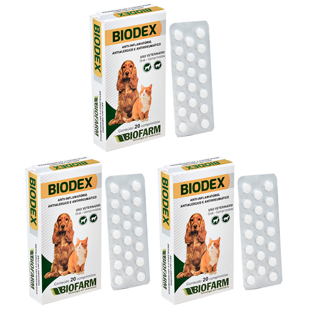 Kit 3 Unidades Biodex 20 Comprimidos Anti-Inflamatório e Antialérgico Para Cachorro e Gato (1 Cartela + Bula)
