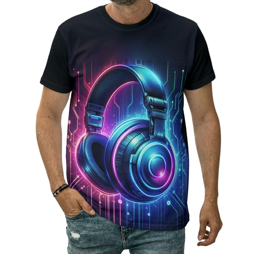 Camiseta Headphone Neon Música Eletrônica Music Rock Dj