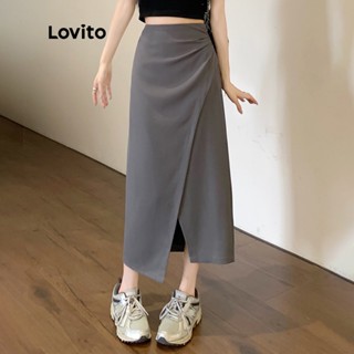 Lovito Casual Saia Feminina Lisa Plissada Skatista Maxi com Fenda LNE15102 (Cinza)