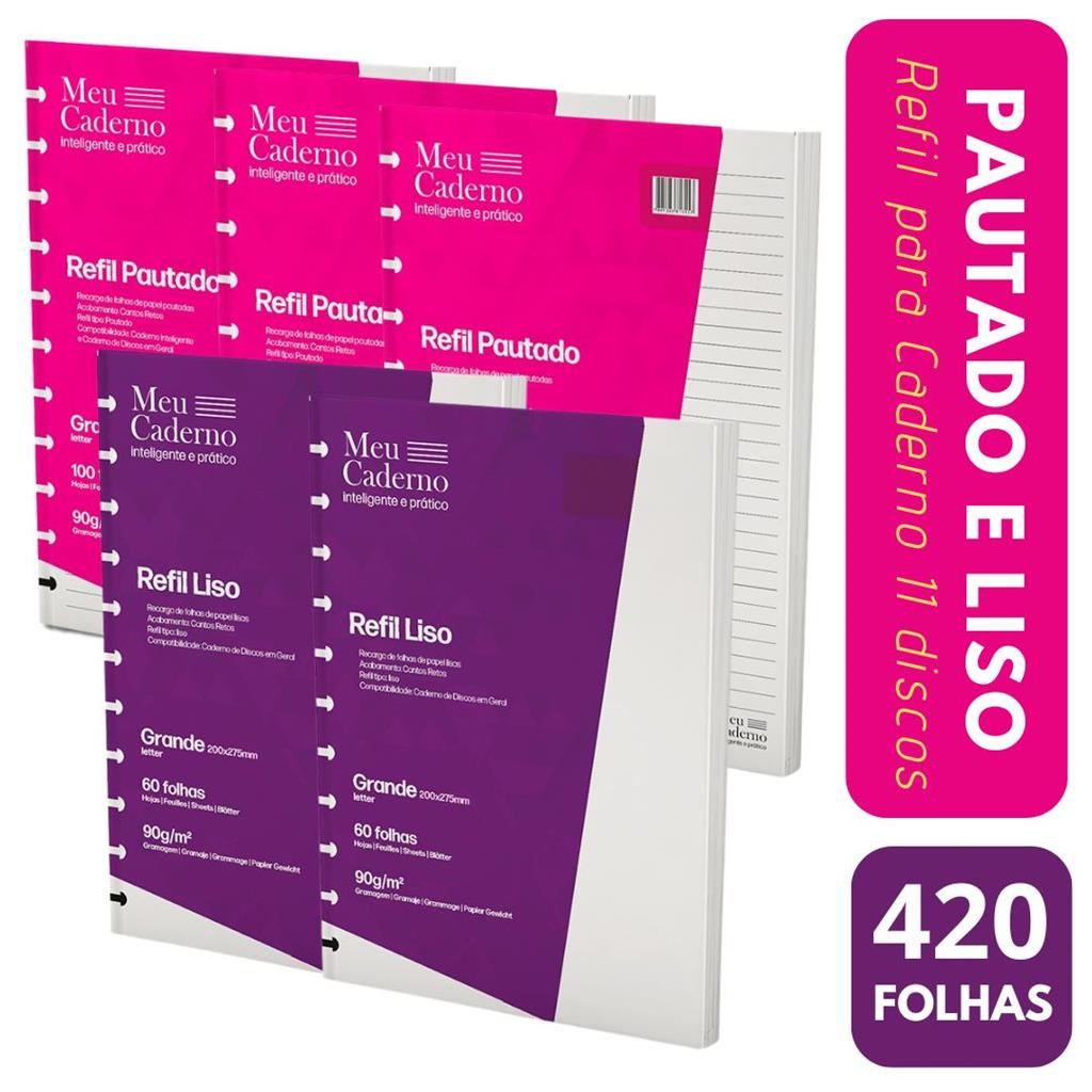 SUPER COMBO 420 Folhas Refil Compativel Caderno Inteligente sendo 2 Lisos e 3 Pautados Caderno 11 Furos Grande Tamanho 200x275mm