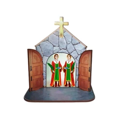 Mini Capela Oratório Display Enfeite de Mesa São Cosme e Damião 12cm Mdf Madeira