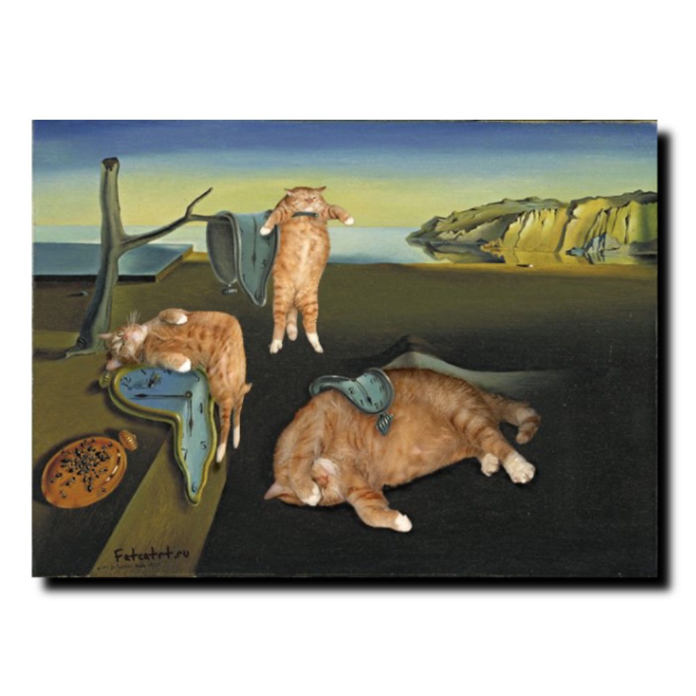 Quadro Decorativo A Persistência do Tempo Gatinho Releitura de Salvador Dali em Tela Acetinada