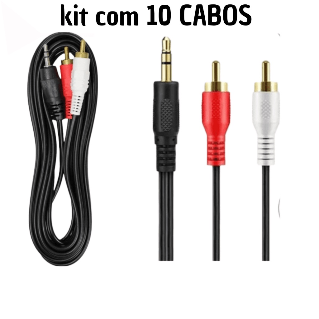 Kit 10 cabo auxiliar p2 macho x rca macho audio 1,5m p/ som / tv / home theater audio video