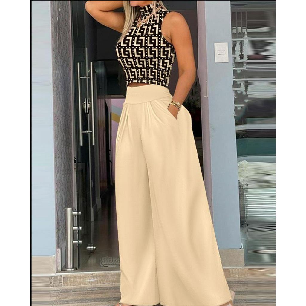 Conjunto De Calças Femininas Colete De Verão Cortado De Primavera Duas Peças Impresso Fato De Moda Elegante De Perna Larga Senhora 2023 em Oferta na Shopee