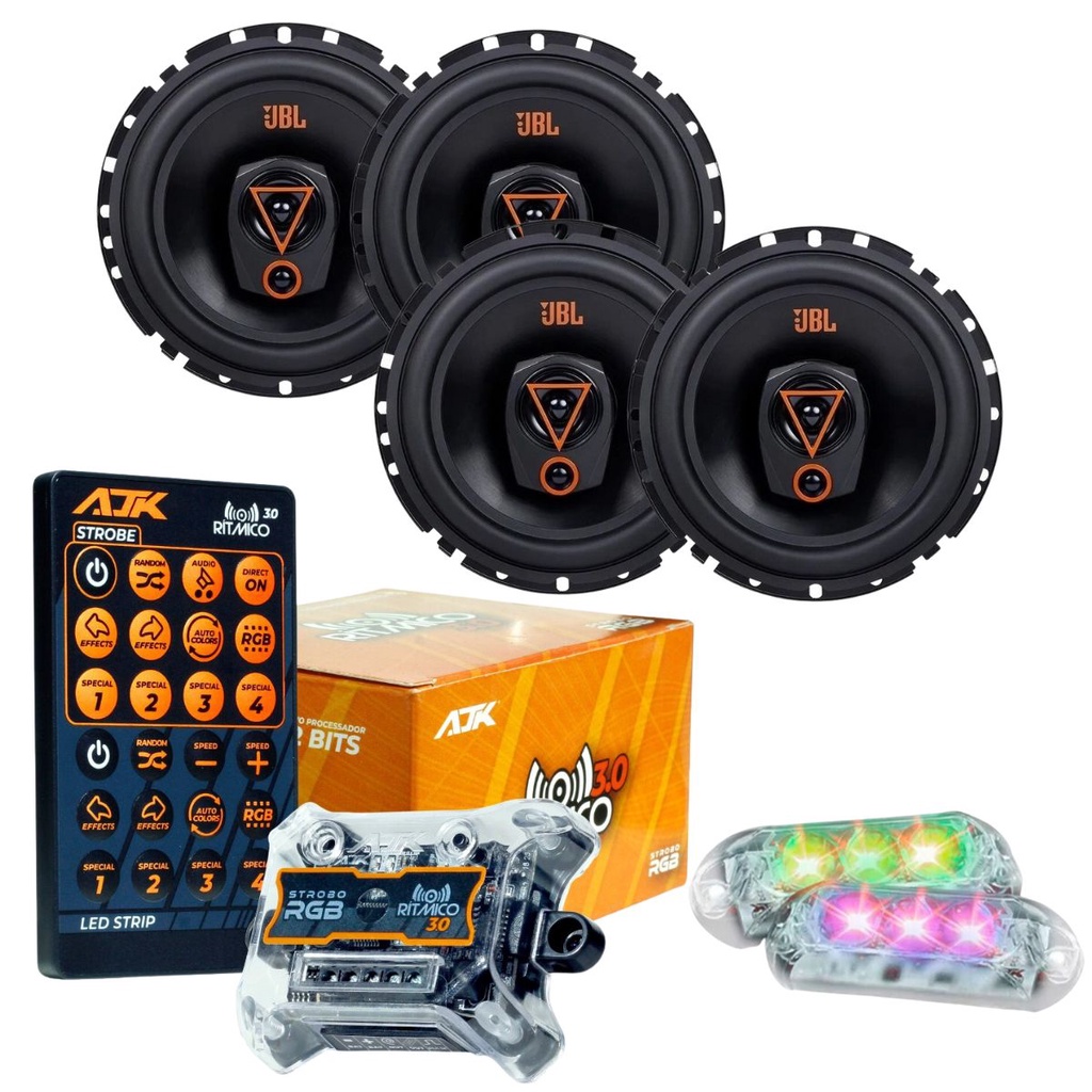Kit 4 Alto Falantes Triaxiais JBL 6TRMS80 320 Watts Rms + Kit 2 Strobo AJK 6W Ritimico 3.0