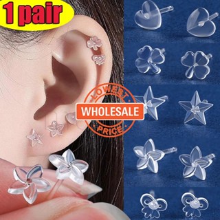 [Wholesale] Student Brinco Heart/Star Stud Earring/1 Par Mini Pinos De Orelha De Resina Transparente/Anéis Anti-Bloqueio Para Manutenção De Furos De Ouvido/Brincos Antialérgicos Invisíveis