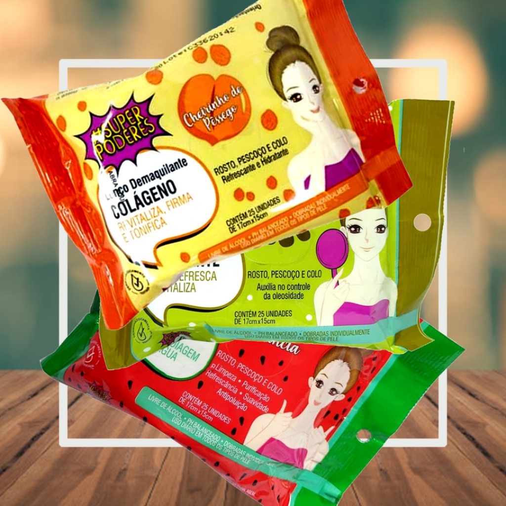Kit 3 Lenço De Limpeza Facial Demaquilante Melão, Pêssego, Melância e Donut Super Poderes c/ 25 unidades em Oferta na Shopee