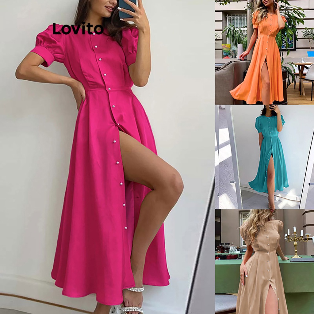 Lovito Vestido Casual Feminino Com Botão Liso E Manga Bufante Na Frente LNE27187 (Cáqui Claro/Rosa Choque)
