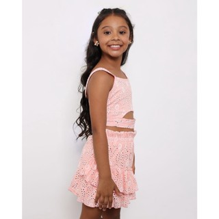 Blusa Infantil Cropped Laise Com Recorte Vazado Rosa Claro