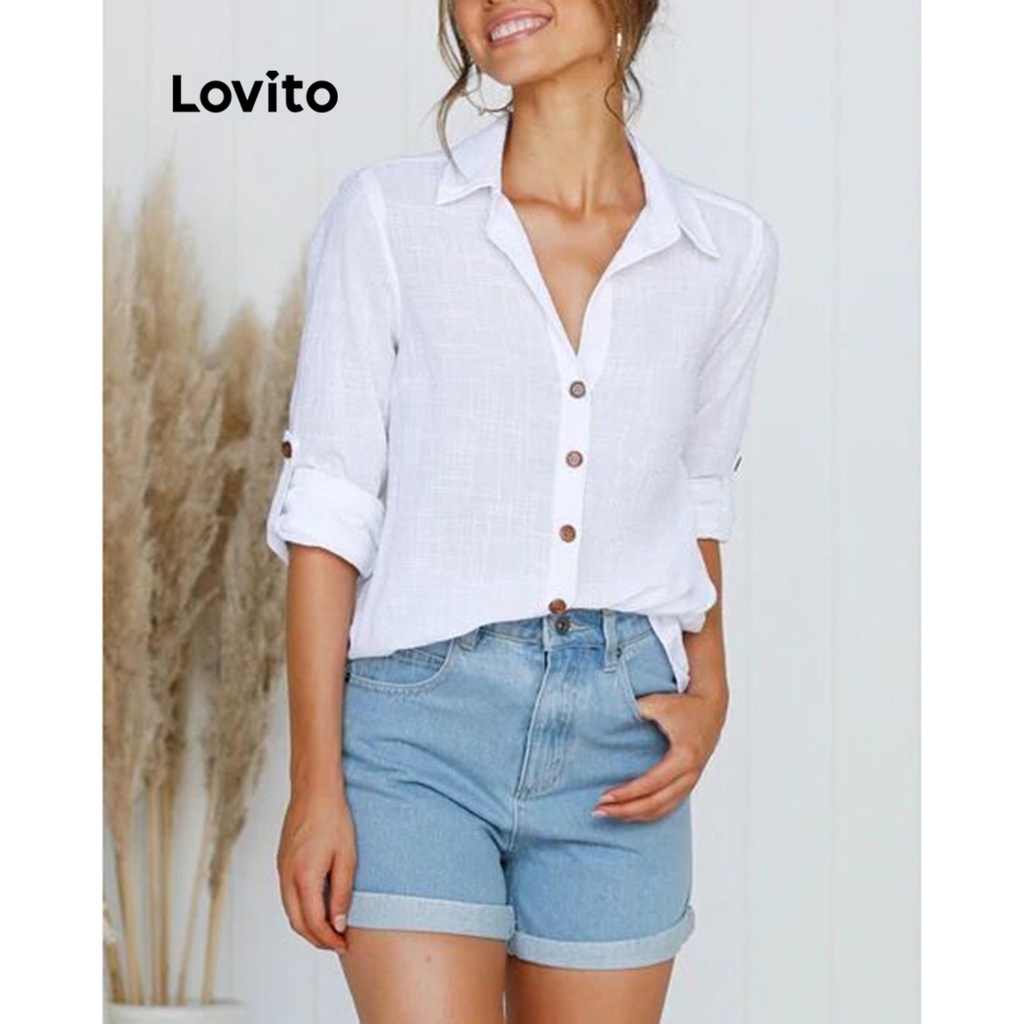Lovito Blusa Feminina Casual Com Botões Lisos Na Frente LNE31201 (Branco)
