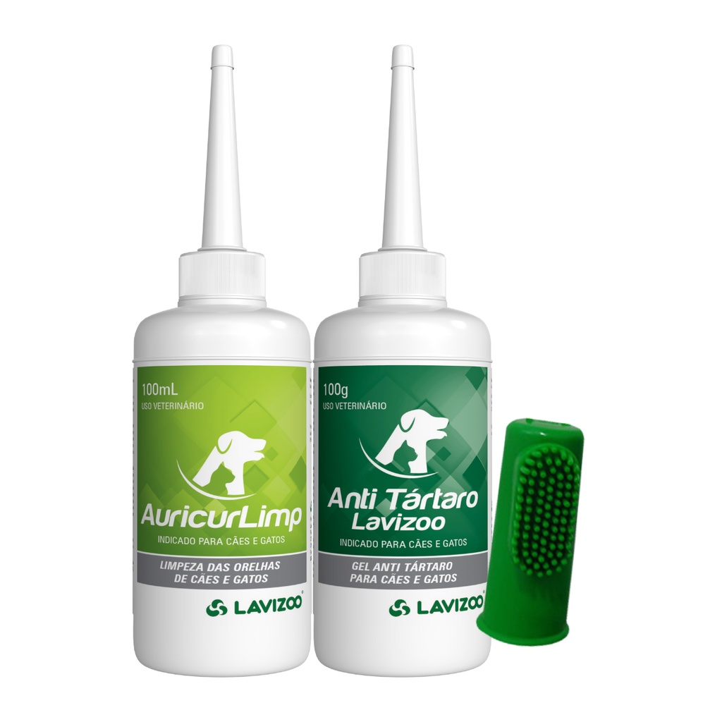 Kit Saúde e Higiene Pet 01 Anti Tartaro + 01 Limpa Orelhas Auricur Limp Lavizoo Ganhe 01 Dedeira Pet Silicone