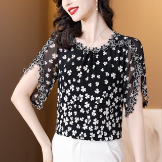 Camisa Floral Francesa Fina Para O Verão Da Nova Moda Feminina Blusa Chiffon De Manga Curta M-4XL