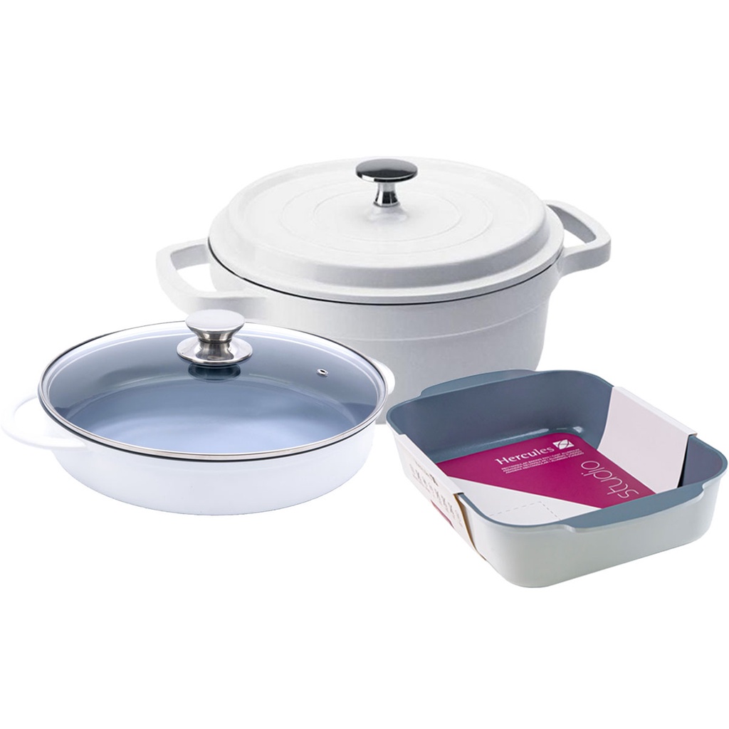 Kit Caçarolas Com Assadeira Hercules Antiaderente Ceramico Branca Grande PA9000