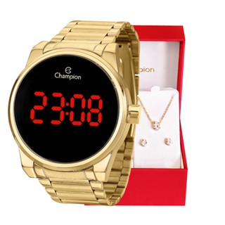 Relógio Champion Feminino Digital Dourado Led Vermelho + Kit Colar e Brincos Original À Prova D
