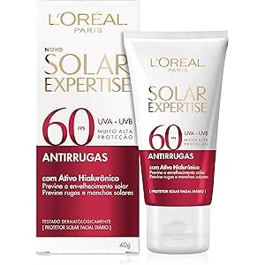 Protetor Solar Facial L'Oréal  Expertise Antirrugas Fator 60 com Ativo Hialurônico Sem cor 40g