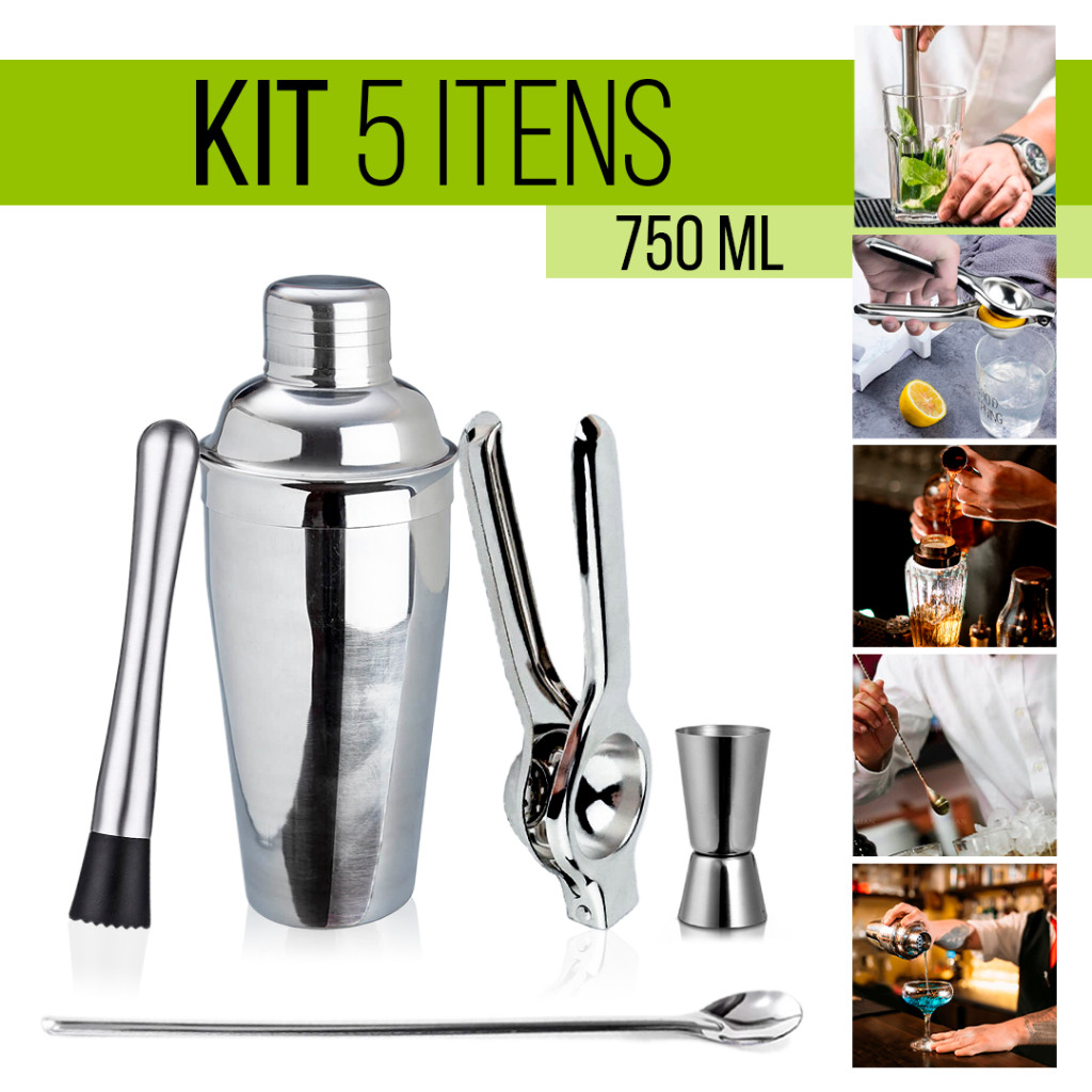 Kit Coqueteleira Inox Kit Caipirinha Kit Barman Com Socador Dosador Colher Espremedor 750ML Ou 500ML