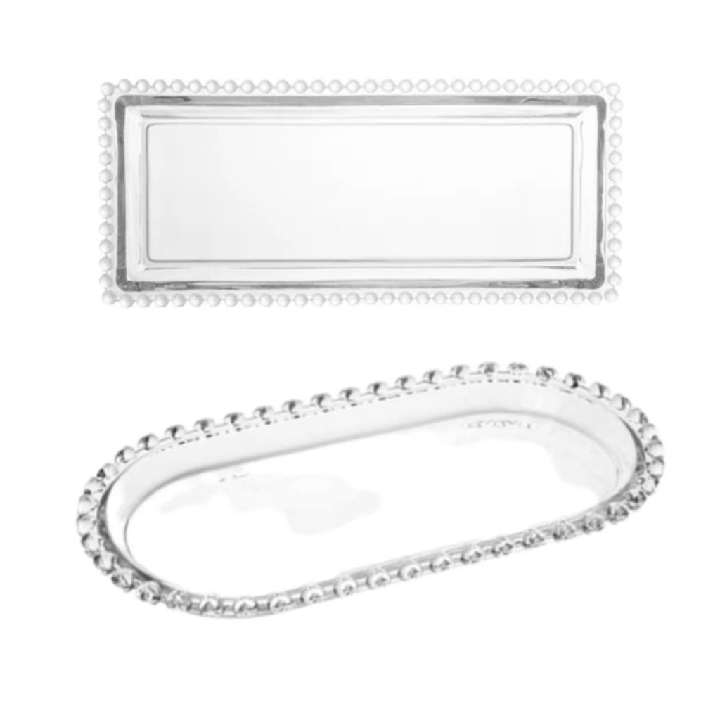 kit 1 bandeja retangular  com borda de bolinha 24x12 cm 1 travessa oval  borda de bolinha 24x12 cm  material (acrílico) em Oferta na Shopee