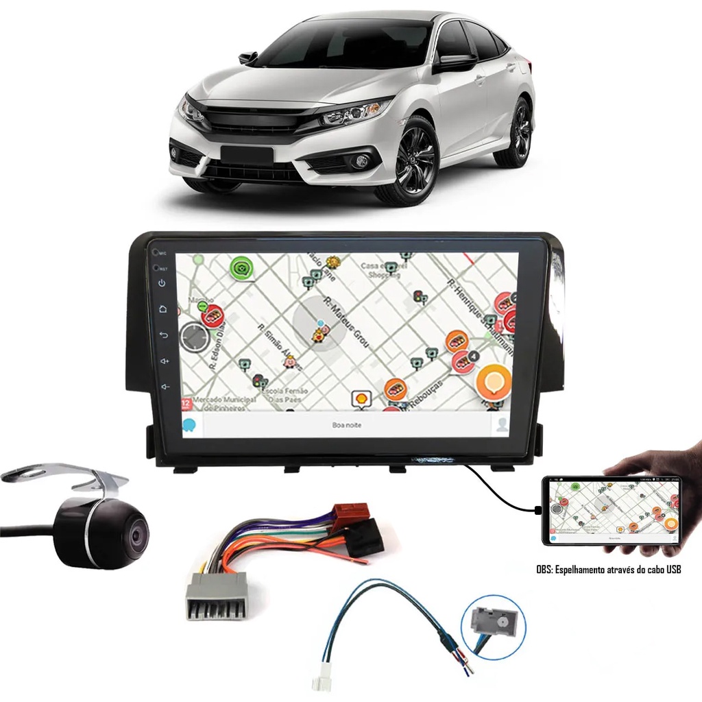 Multimídia 9" Civic G10 2016 em Diante USB Bluetooth Câmera de Ré Moldura Chicote + Adaptador Antena Interface Volante