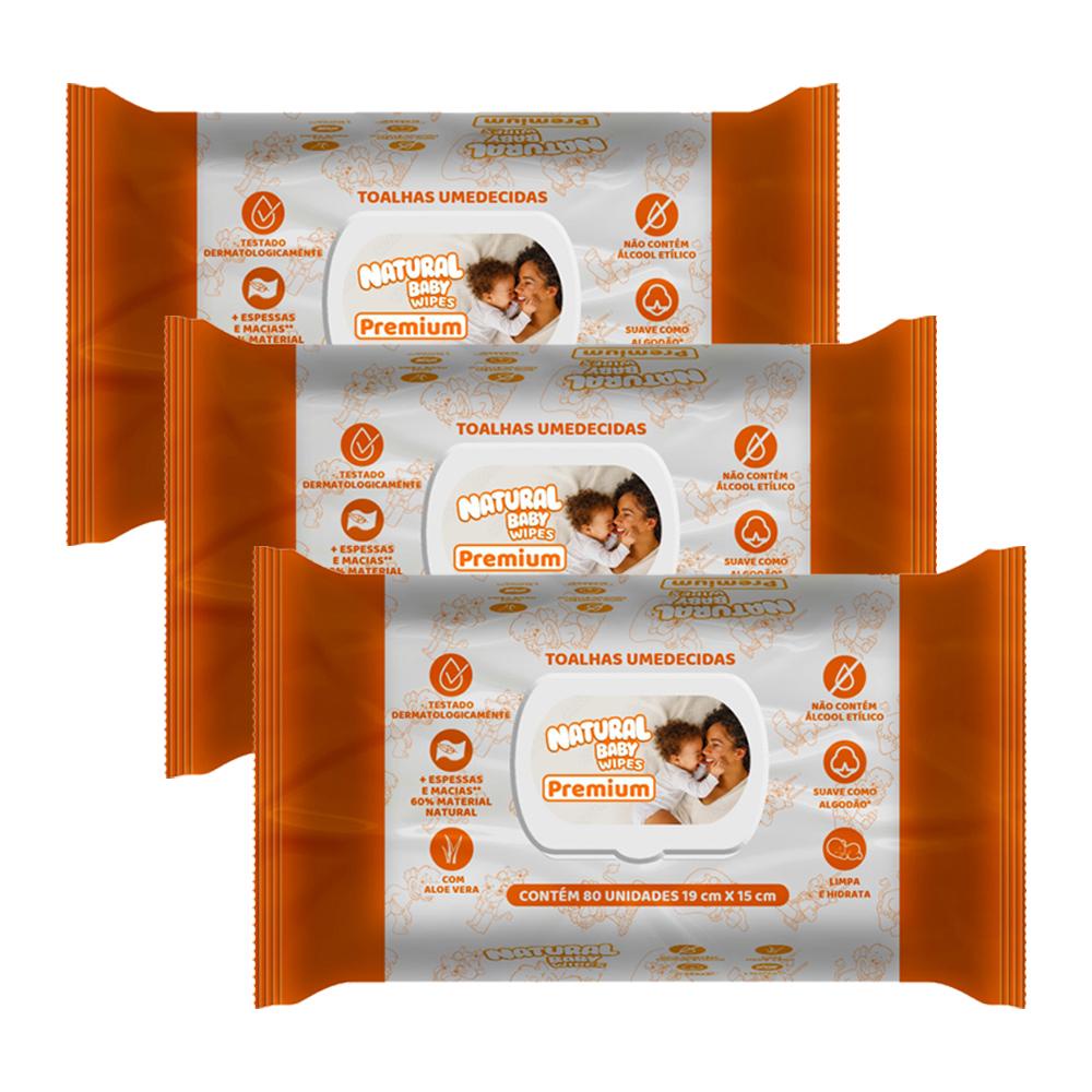 Kit 3 Toalhas Umedecidas Natural Baby Premium 80un cada em Oferta na Shopee