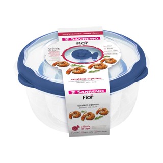 Kit 3 Potes Plásticos Redondos Herméticos Azul 290ml, 1,1L, 3,2L Flor Sanremo