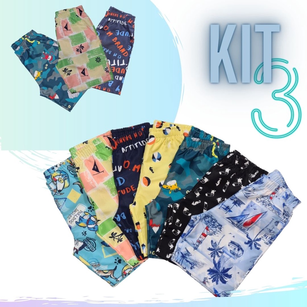 KIT 3 Bermudas Tactel com Bolso sortidas de Tam 1 ao 14 anos