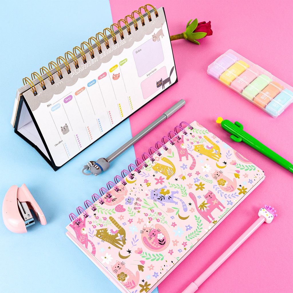 Planner Semanal Permanente Diario Mensal Não Datado De Mesa Papelaria Fofa Gatinhos Horizontal