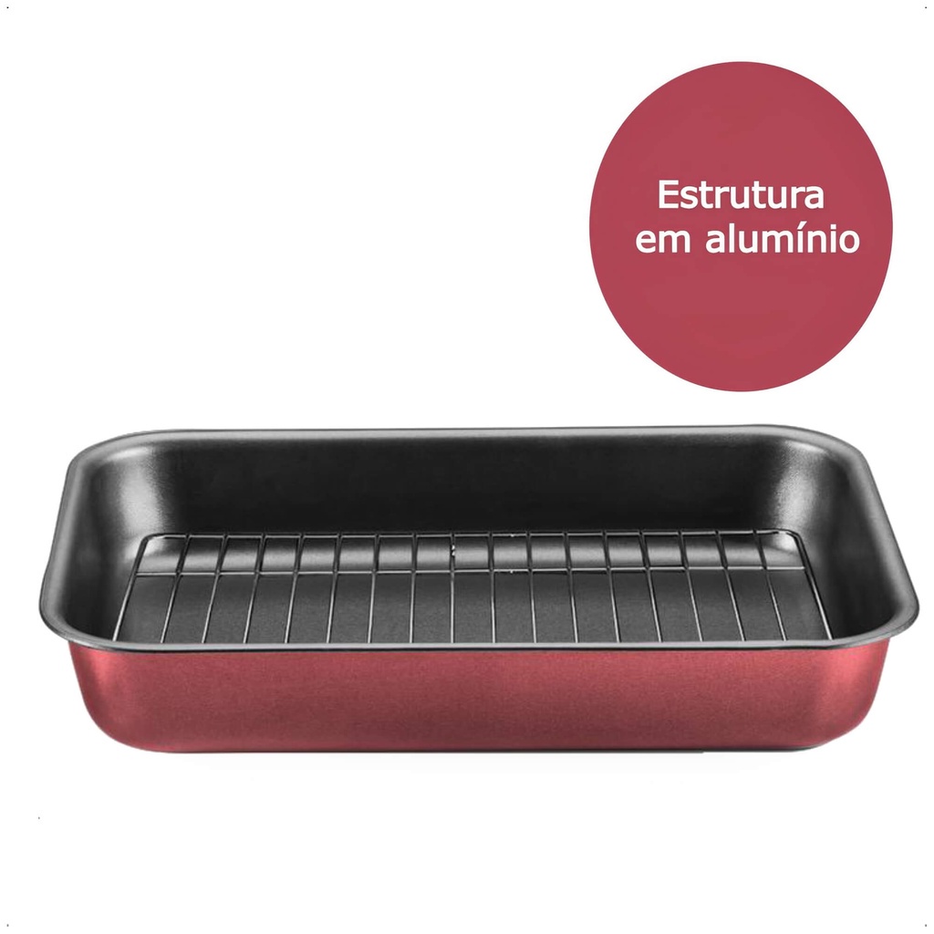 Detalhes do Assadeira Retangular Alta Com Grelha 4,6L Antiaderente 37x27x6cm N3 Cor Cereja Cozinha MTA - 8990