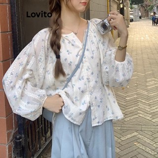 Lovito Casual Blusa Feminina Floral com Botão e Bordado LNA29063 (Branco)