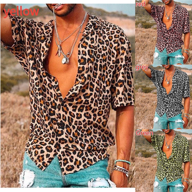 S-3XL Camisa masculina europeia americana estampada camisa moda leopardo estampa camisa de manga curta verão camisa Casu