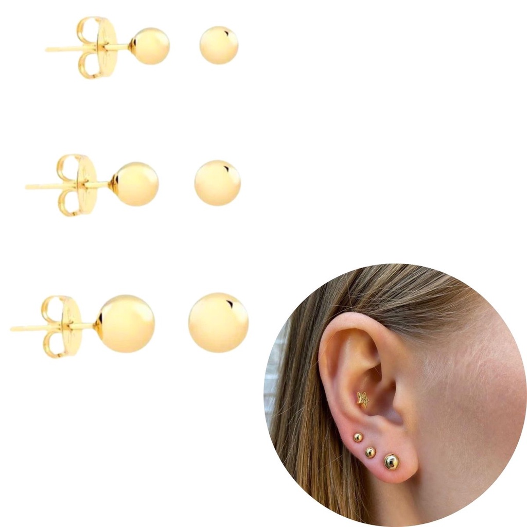 Trio de brincos Bolinha antialérgico Banhada ouro 18 3 pares em Oferta na Shopee