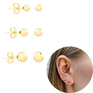 Trio de brincos Bolinha antialérgico Banhada ouro 18 3 pares em Oferta na Shopee