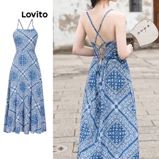 Lovito Vestido Boho com Estampa Paisley e Amarração para Mulheres L55AD052 (Azul)