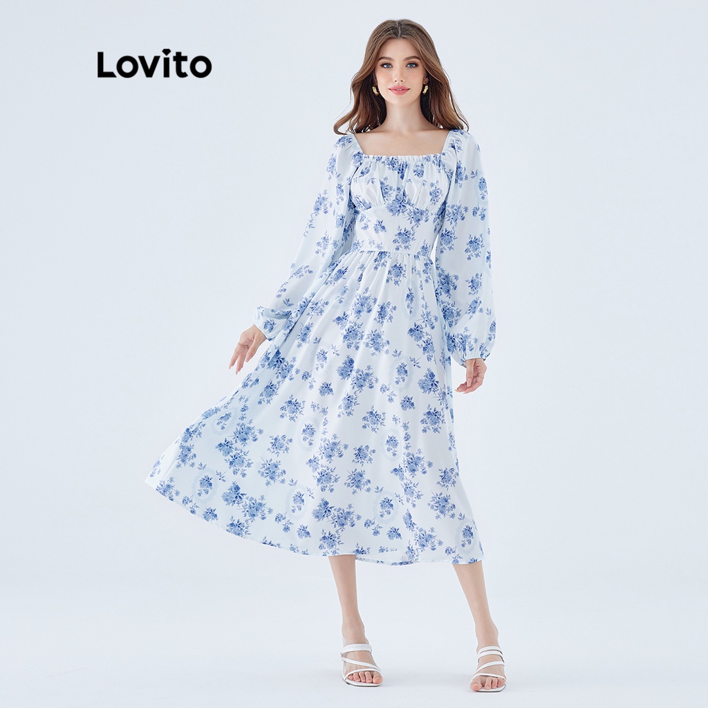 Lovito Vestido Elegante Floral Com Babados E Manga Bufante Com Costura Para Mulheres L49ED115 (Amarelo Claro) - Women Clothes