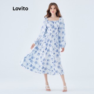 Lovito Elegante Vestido Feminino Floral Franzido com Manga Bufante e Costura L49ED115 (Amarelo Claro)