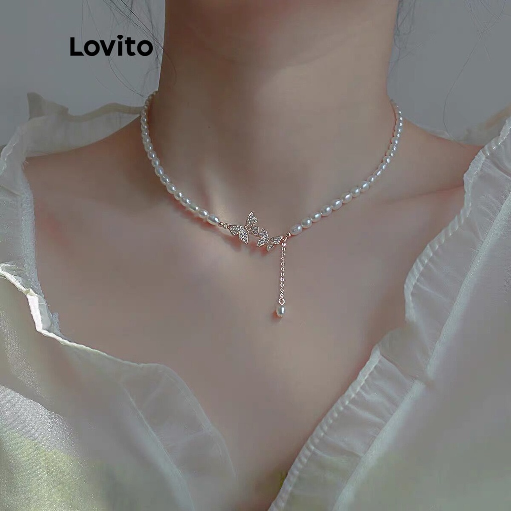 Lovito Casual Colar Feminino Liso de Pérolas LNA14115 (Branco)