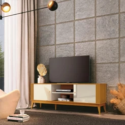 Rack TV até 60 Polegadas 2 Portas Ripado Pés Madeira Prateleira central Grécia 160cm
